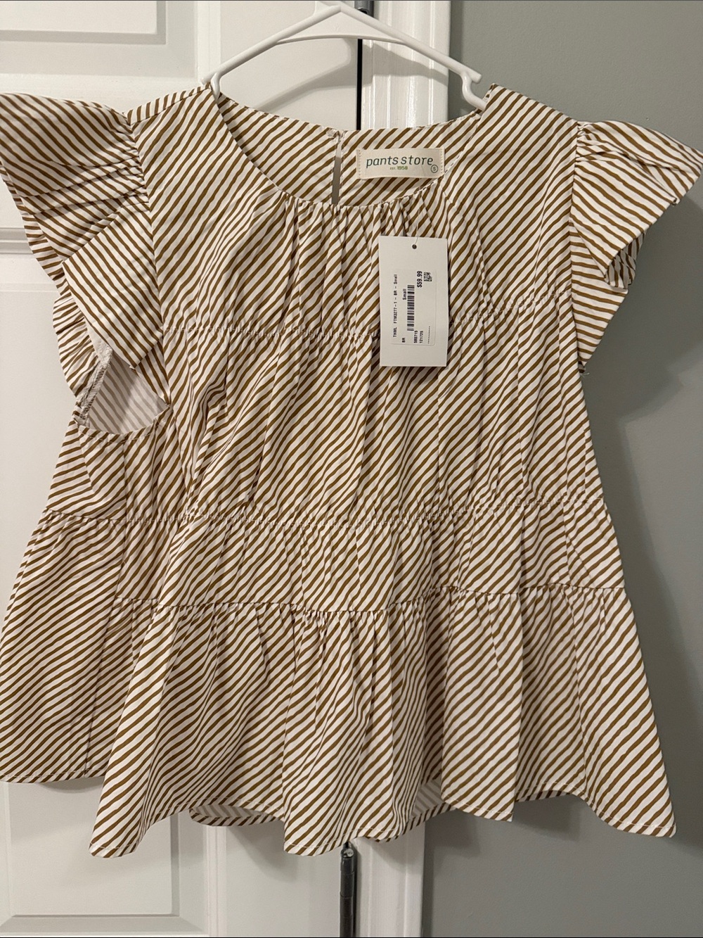 pants store Women's Tan & White Striped Tiered Flutter Sleeve Tunic